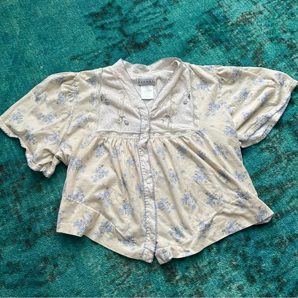 Vintage Cream and Blue Floral Chemise Size Medium